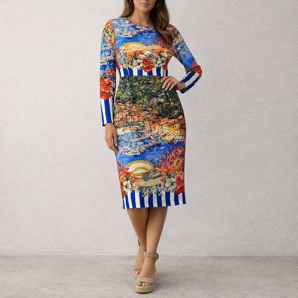 YS Scenic Harbor Print Long Sleeve Midi Dress Multicolor